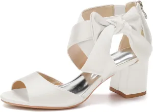 Women's Thick Heel Sandals Satin Evening Dress Shoes with Soft Bowknot