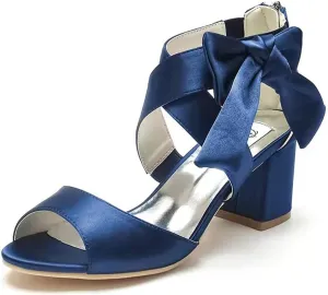 Women's Thick Heel Sandals Satin Evening Dress Shoes with Soft Bowknot
