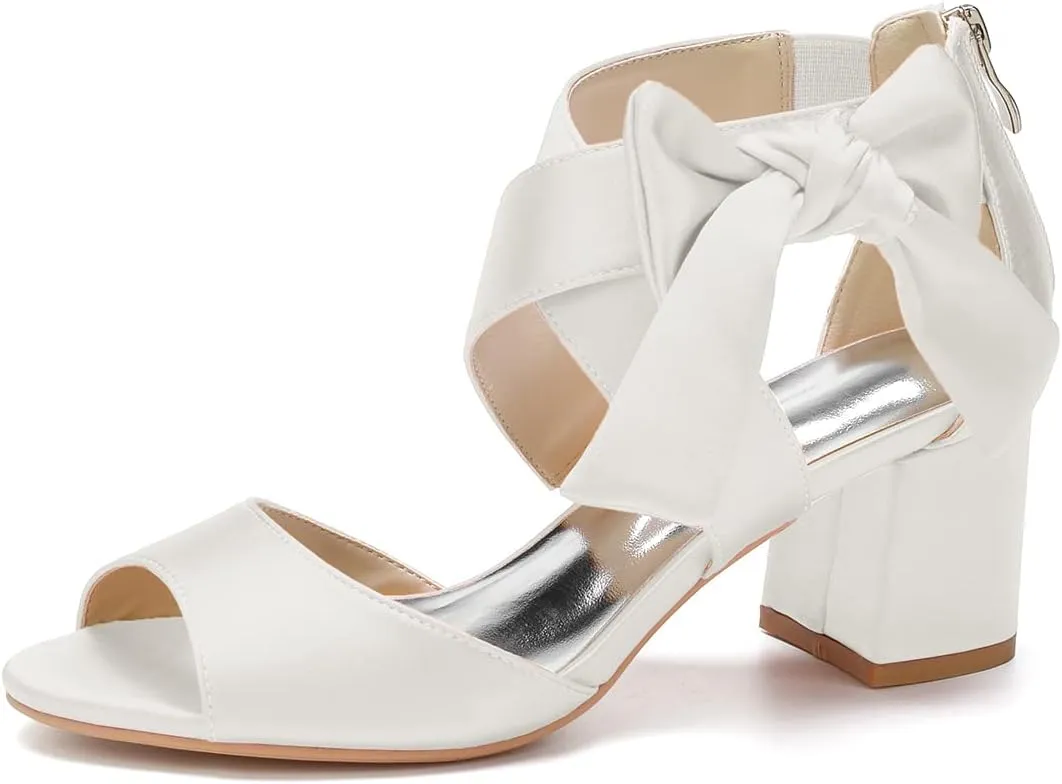 Women's Thick Heel Sandals Satin Evening Dress Shoes with Soft Bowknot