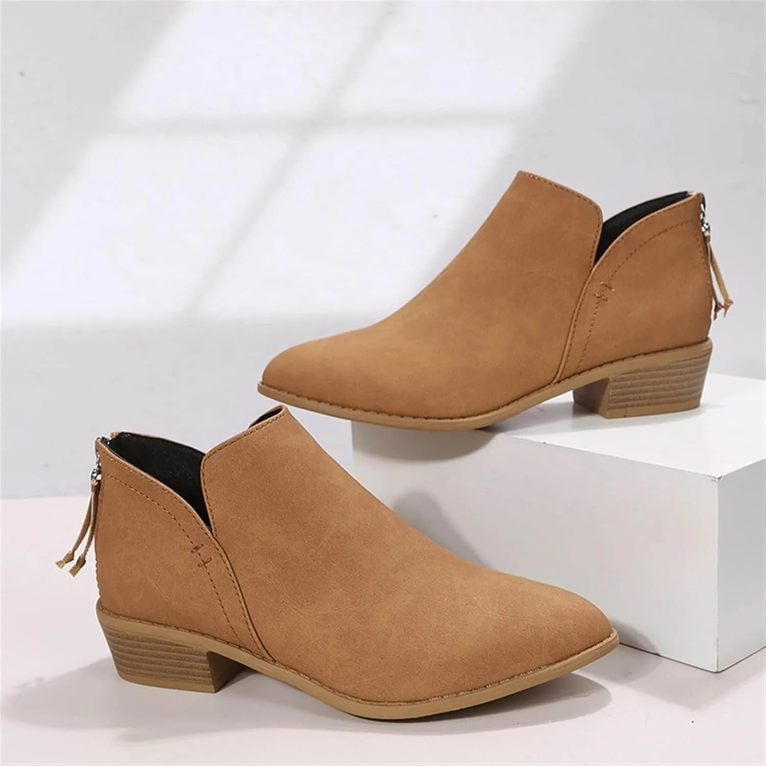 Womens V Cutout Ankle Boots Fashion Pointed Toe Chunky Stacked Heel Western Booties Zip Up Cowboy Boots Shoes Suede Chunky Low Heel Pull On Short Fall Winter Work Boots