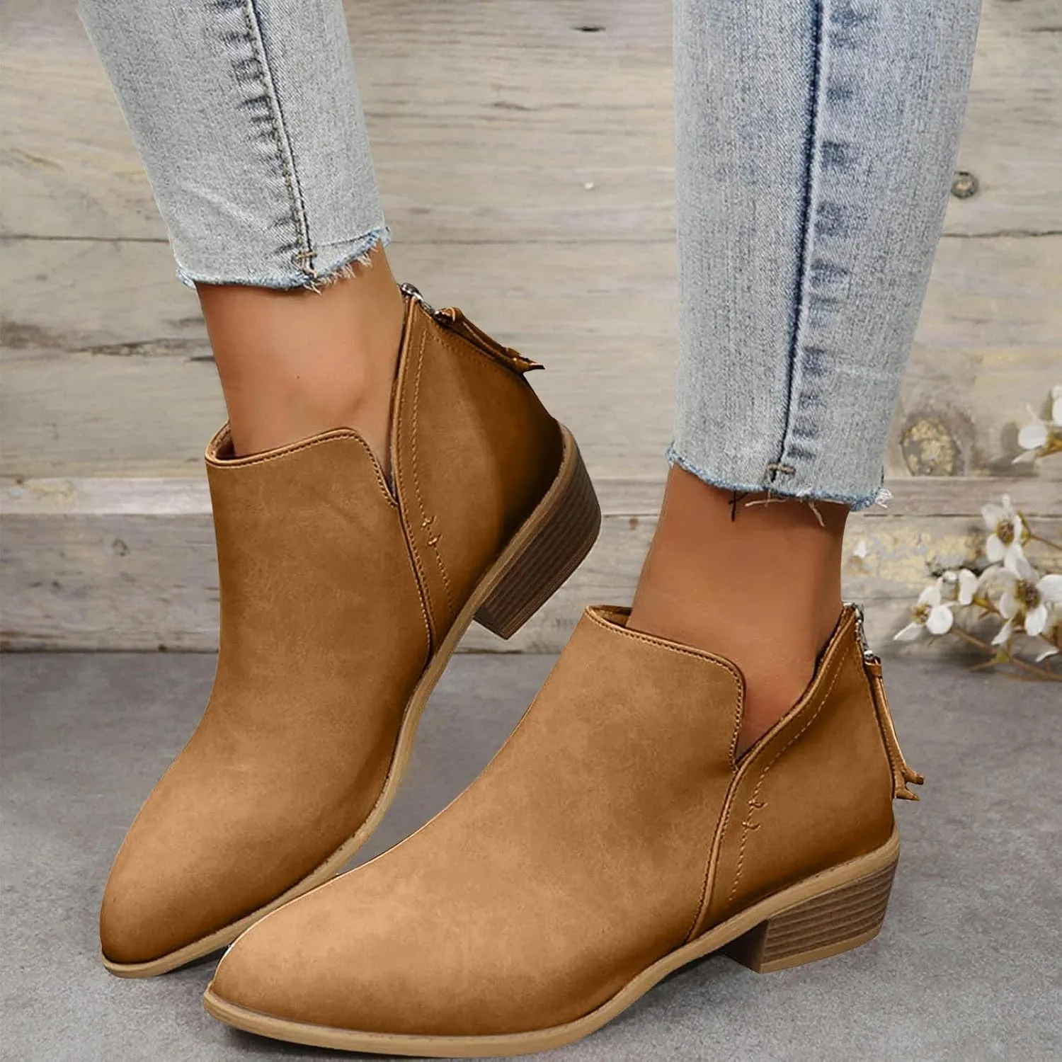 Womens V Cutout Ankle Boots Fashion Pointed Toe Chunky Stacked Heel Western Booties Zip Up Cowboy Boots Shoes Suede Chunky Low Heel Pull On Short Fall Winter Work Boots