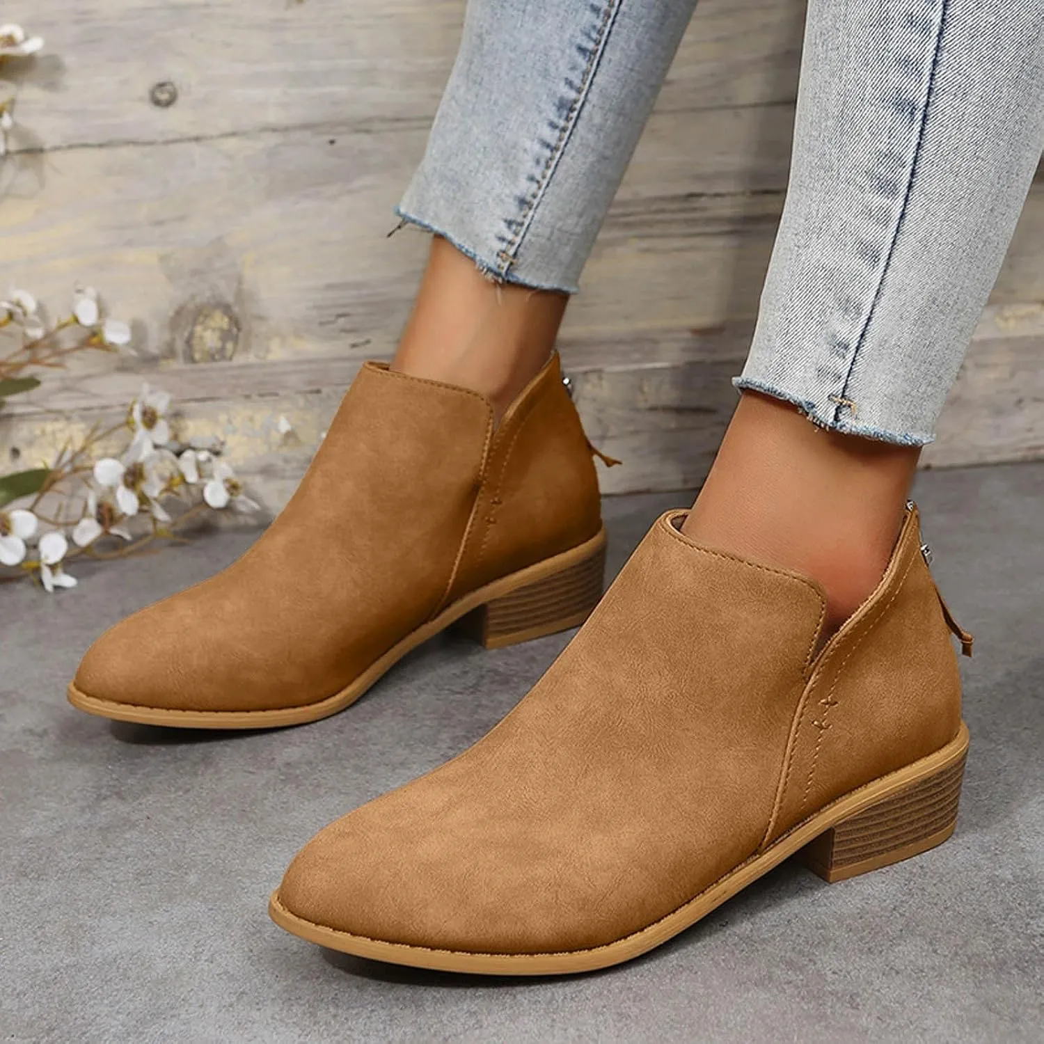 Womens V Cutout Ankle Boots Fashion Pointed Toe Chunky Stacked Heel Western Booties Zip Up Cowboy Boots Shoes Suede Chunky Low Heel Pull On Short Fall Winter Work Boots