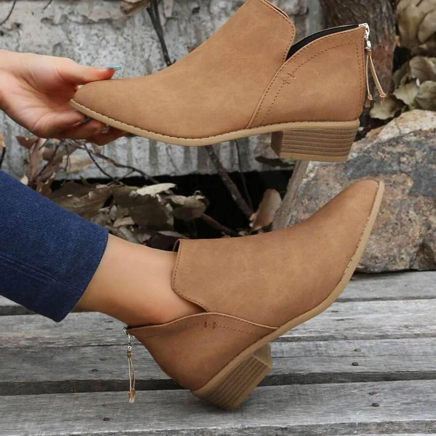 Womens V Cutout Ankle Boots Fashion Pointed Toe Chunky Stacked Heel Western Booties Zip Up Cowboy Boots Shoes Suede Chunky Low Heel Pull On Short Fall Winter Work Boots