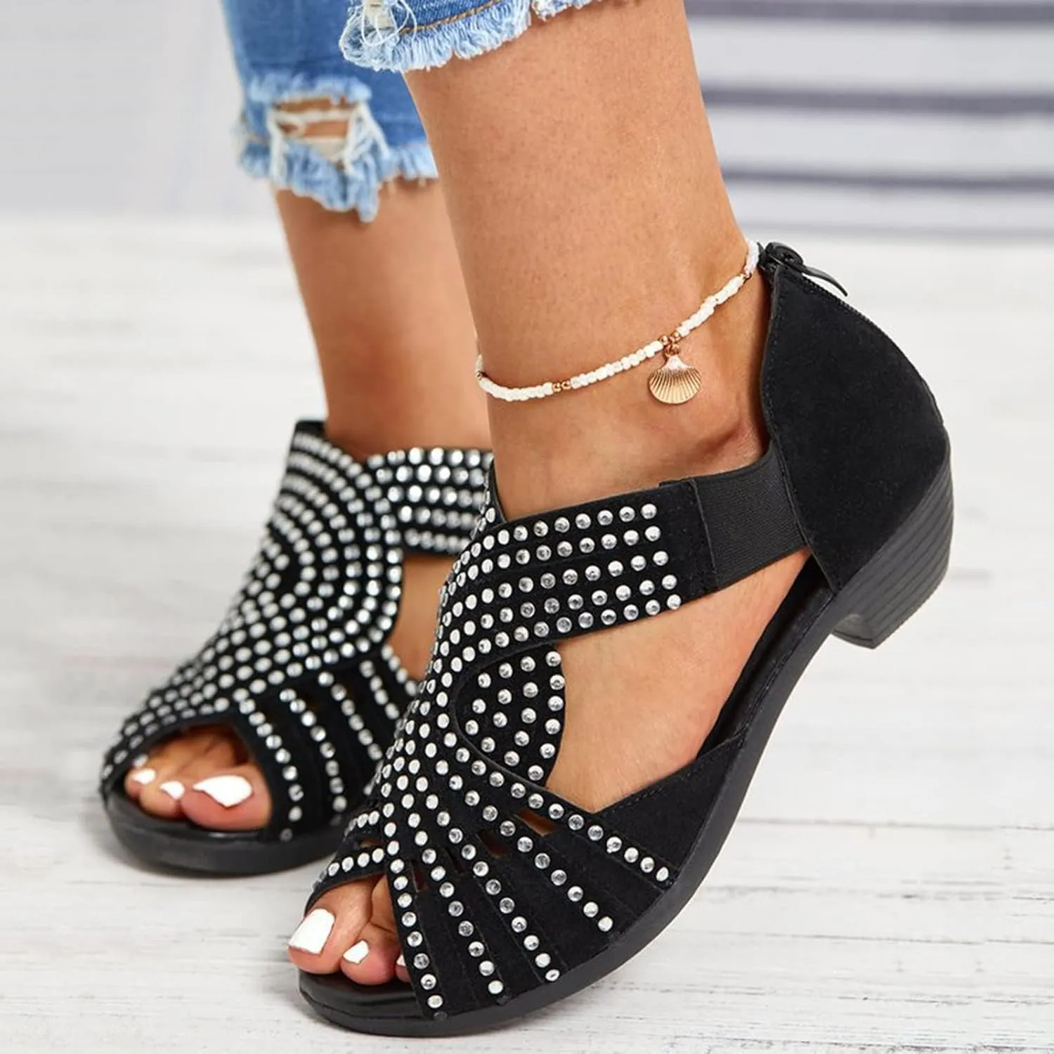 Womens Vintage Peep Toe Rhinestone Cut Out Stacked Mid Heels Sandal, Soft Sole Studded Sandals Summer