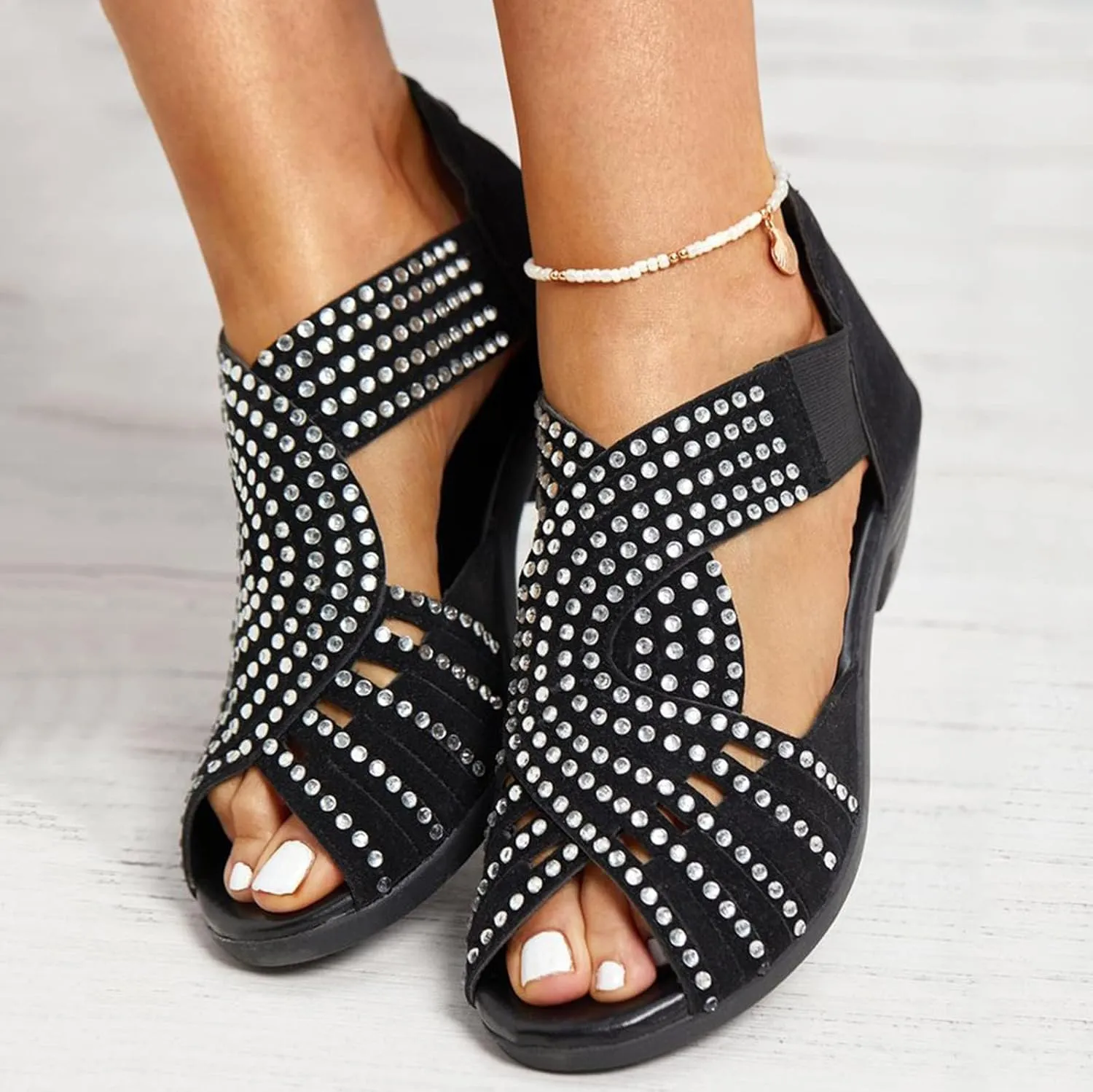 Womens Vintage Peep Toe Rhinestone Cut Out Stacked Mid Heels Sandal, Soft Sole Studded Sandals Summer