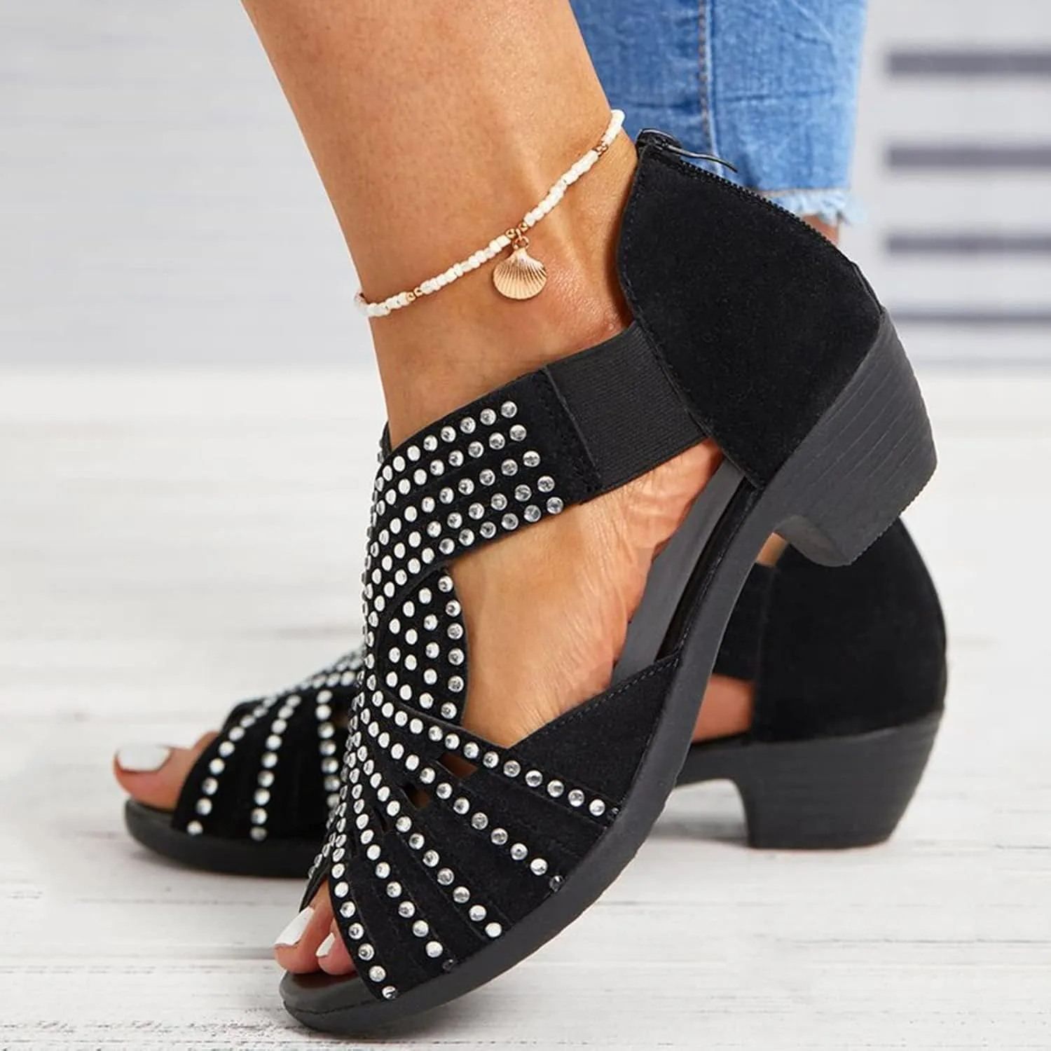 Womens Vintage Peep Toe Rhinestone Cut Out Stacked Mid Heels Sandal, Soft Sole Studded Sandals Summer