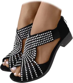 Womens Vintage Peep Toe Rhinestone Cut Out Stacked Mid Heels Sandal, Soft Sole Studded Sandals Summer