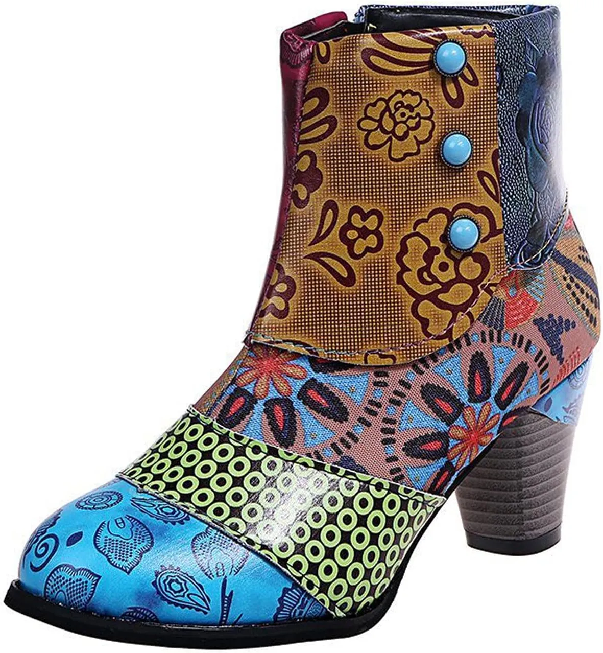 Womens Vintage Print Short Leather Boots Fashion Casual Retro National-Style Splicing Mid Thick Heel Zipper Comfortable Shoes