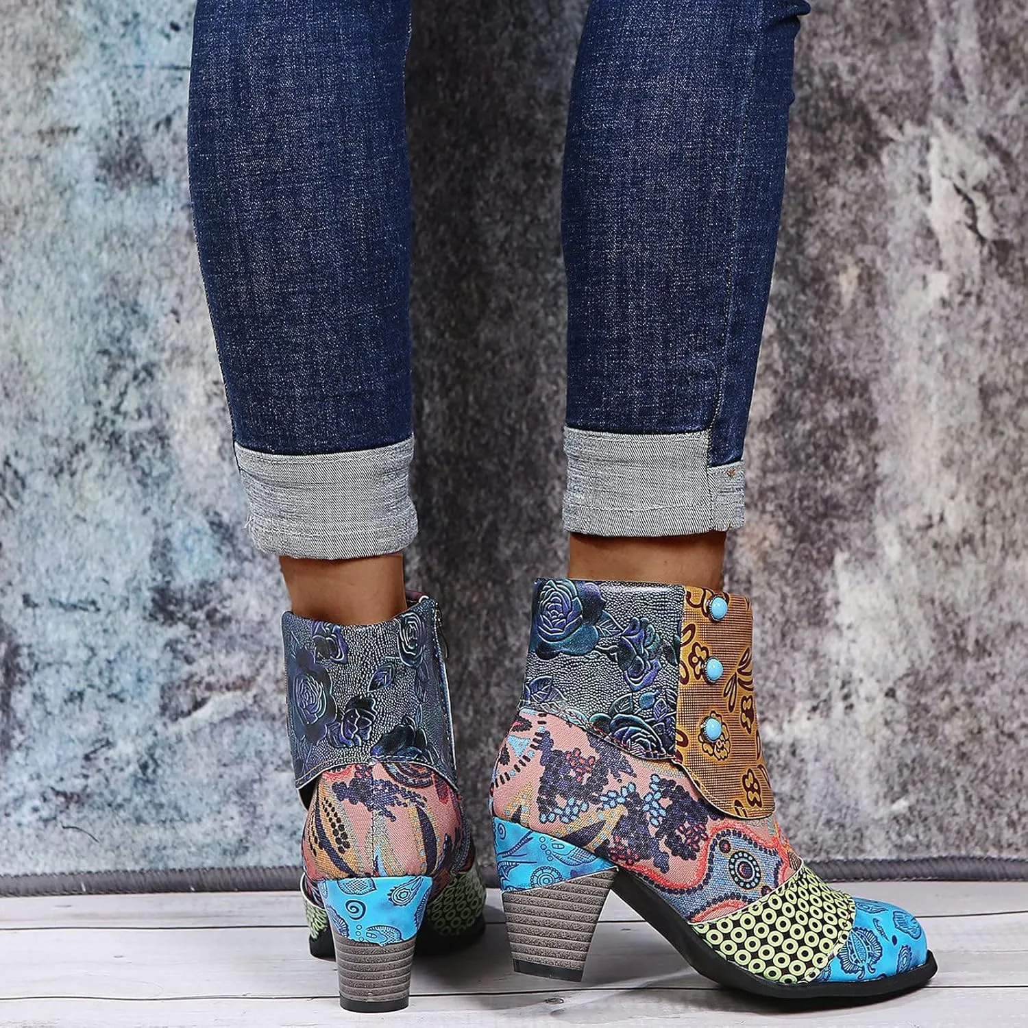 Womens Vintage Print Short Leather Boots Fashion Casual Retro National-Style Splicing Mid Thick Heel Zipper Comfortable Shoes