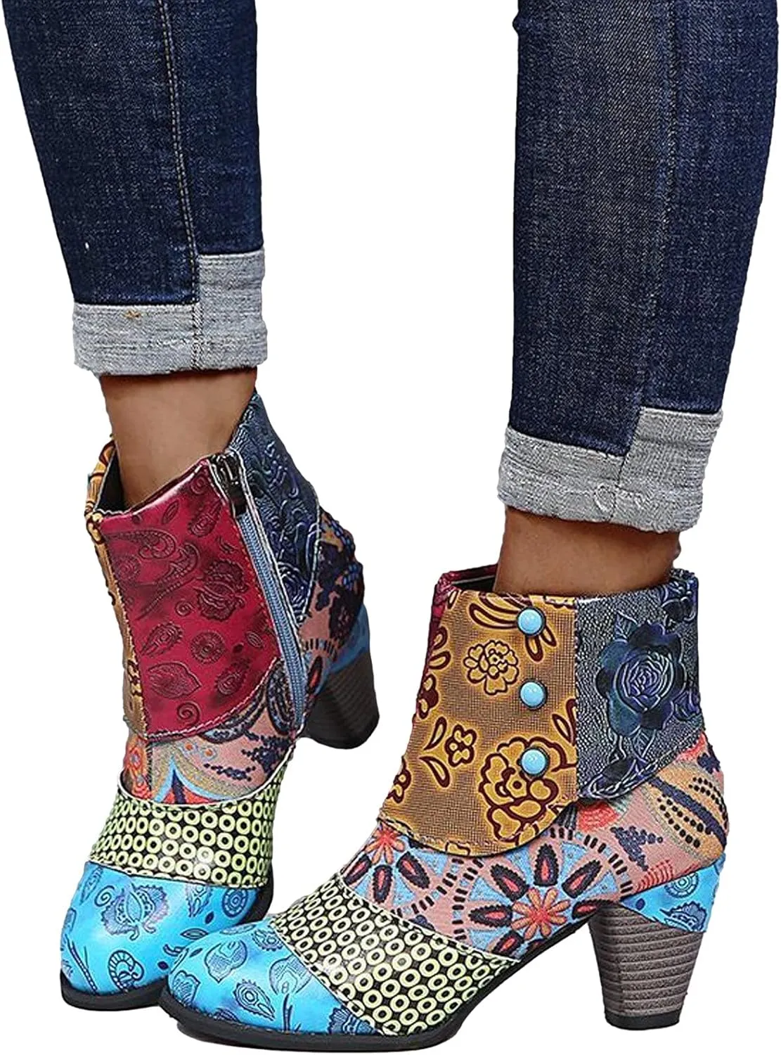 Womens Vintage Print Short Leather Boots Fashion Casual Retro National-Style Splicing Mid Thick Heel Zipper Comfortable Shoes