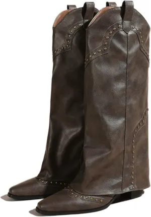 Women's Vintage Rivets Pointed Toe Cowgirl Boots Western Block Heel Slouch Boots