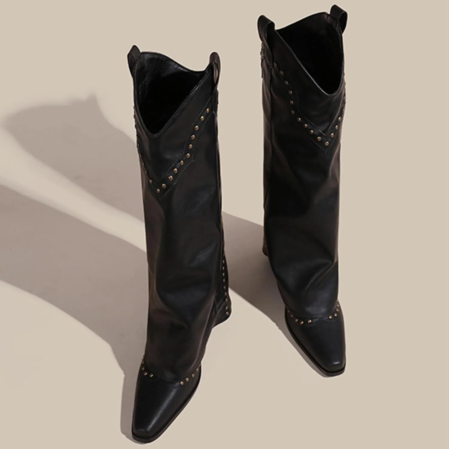 Women's Vintage Rivets Pointed Toe Cowgirl Boots Western Block Heel Slouch Boots