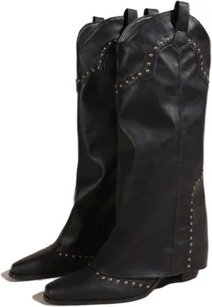Women's Vintage Rivets Pointed Toe Cowgirl Boots Western Block Heel Slouch Boots