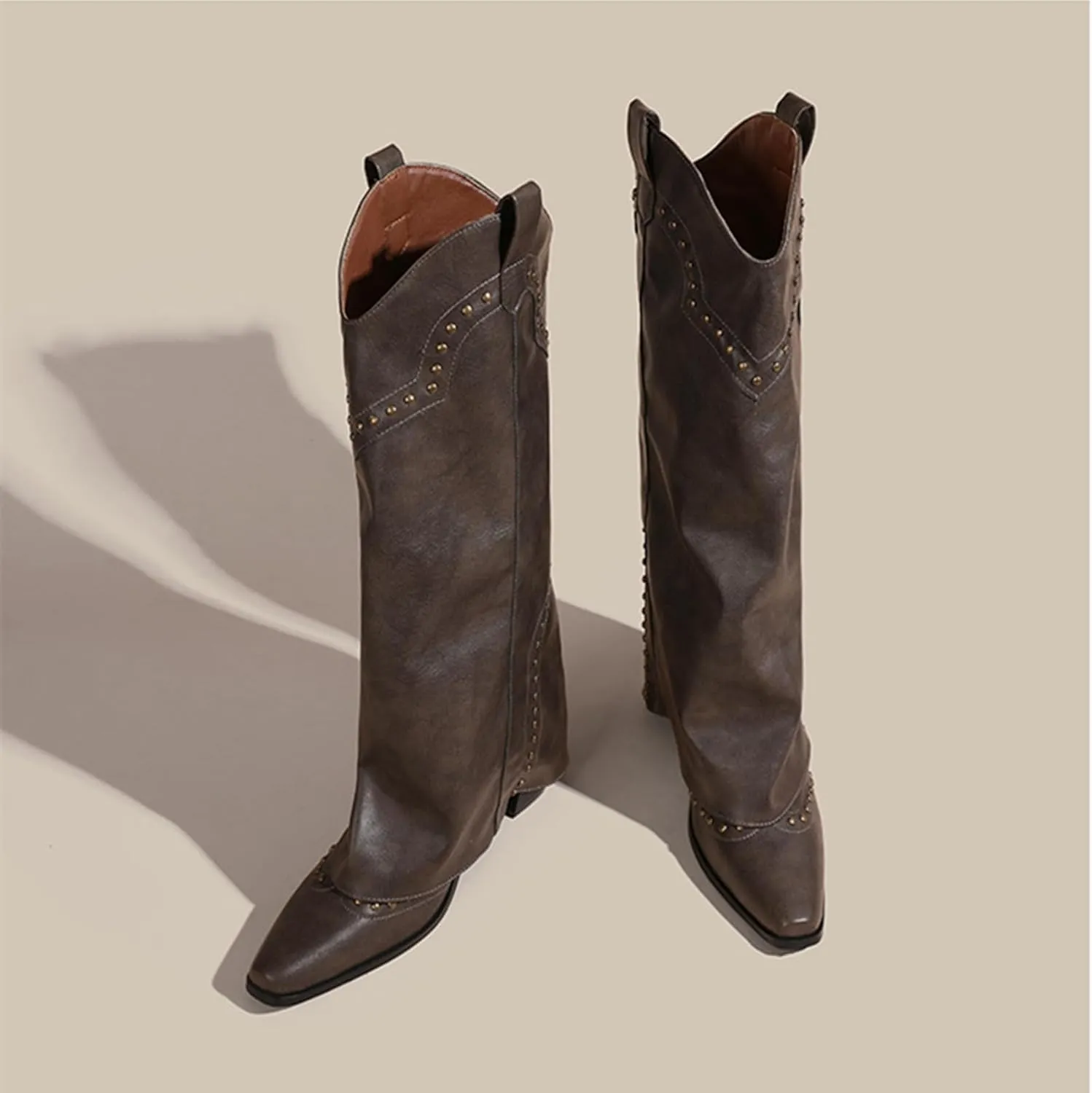 Women's Vintage Rivets Pointed Toe Cowgirl Boots Western Block Heel Slouch Boots