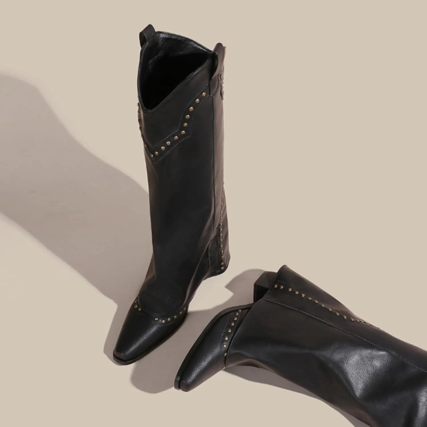 Women's Vintage Rivets Pointed Toe Cowgirl Boots Western Block Heel Slouch Boots