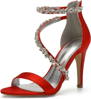Women's Wedding Bridal Satin Heels Sandals Mid Heels Ankle Strap Crystal Zipper Back Formal Evening Prom Party Dress Shoes Pumps