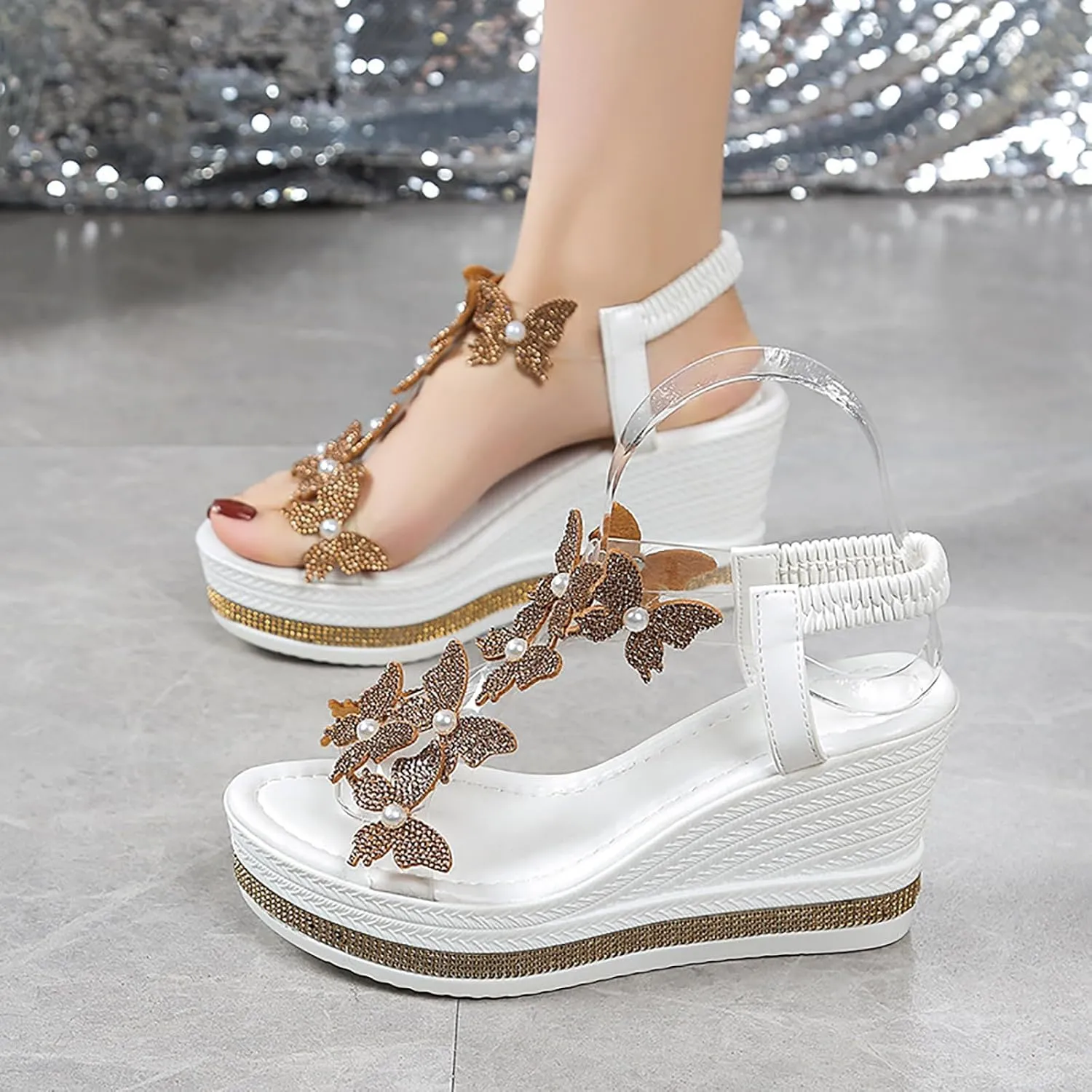 Womens Wedges Sandals Heels for Dressy, Comfy Open Toe Platform Wedge Sandals, Summer Rhinestone Butterfly Vacation Wedding Shoes