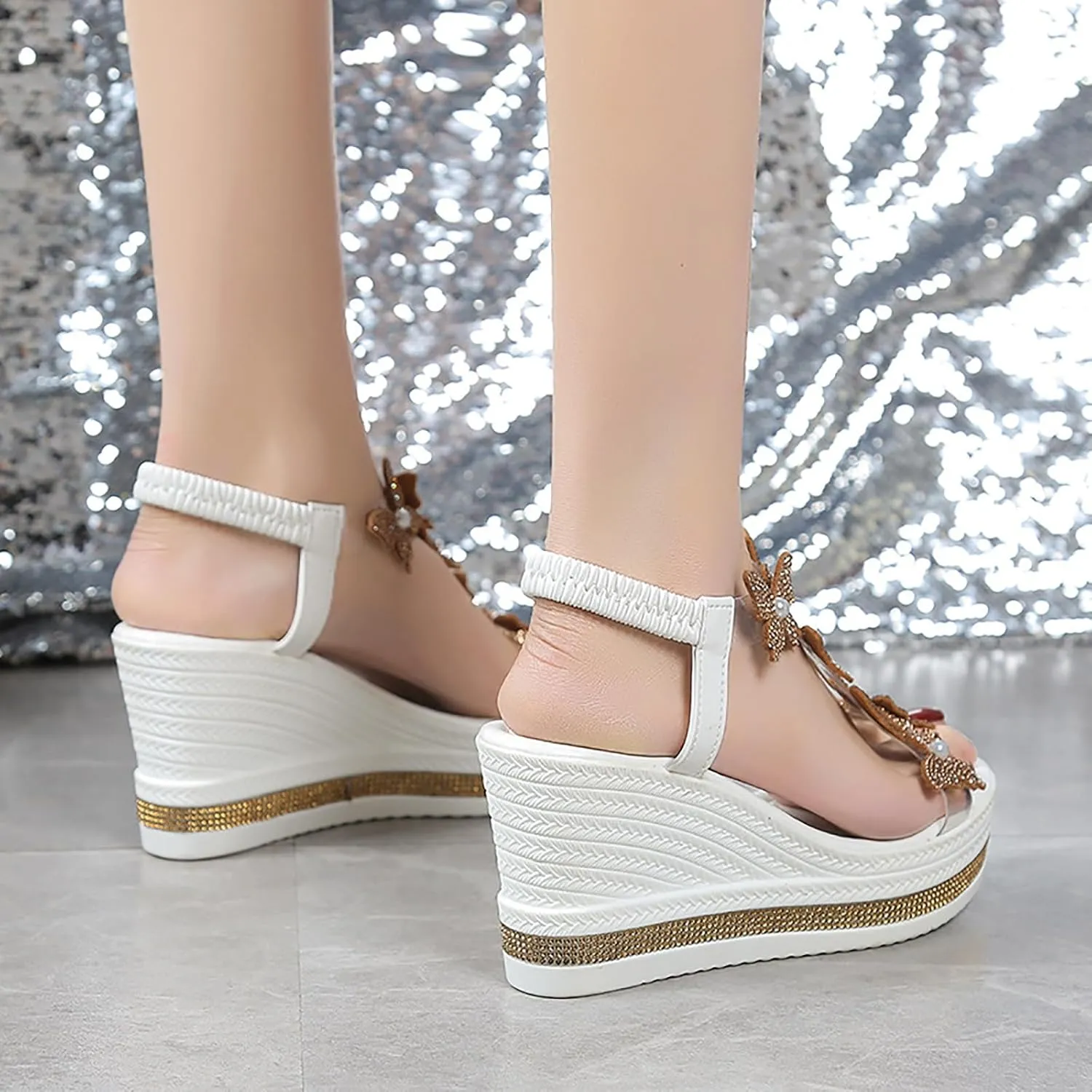 Womens Wedges Sandals Heels for Dressy, Comfy Open Toe Platform Wedge Sandals, Summer Rhinestone Butterfly Vacation Wedding Shoes