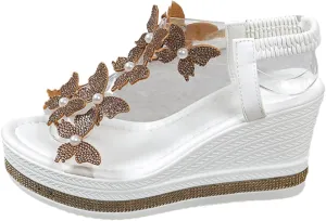 Womens Wedges Sandals Heels for Dressy, Comfy Open Toe Platform Wedge Sandals, Summer Rhinestone Butterfly Vacation Wedding Shoes