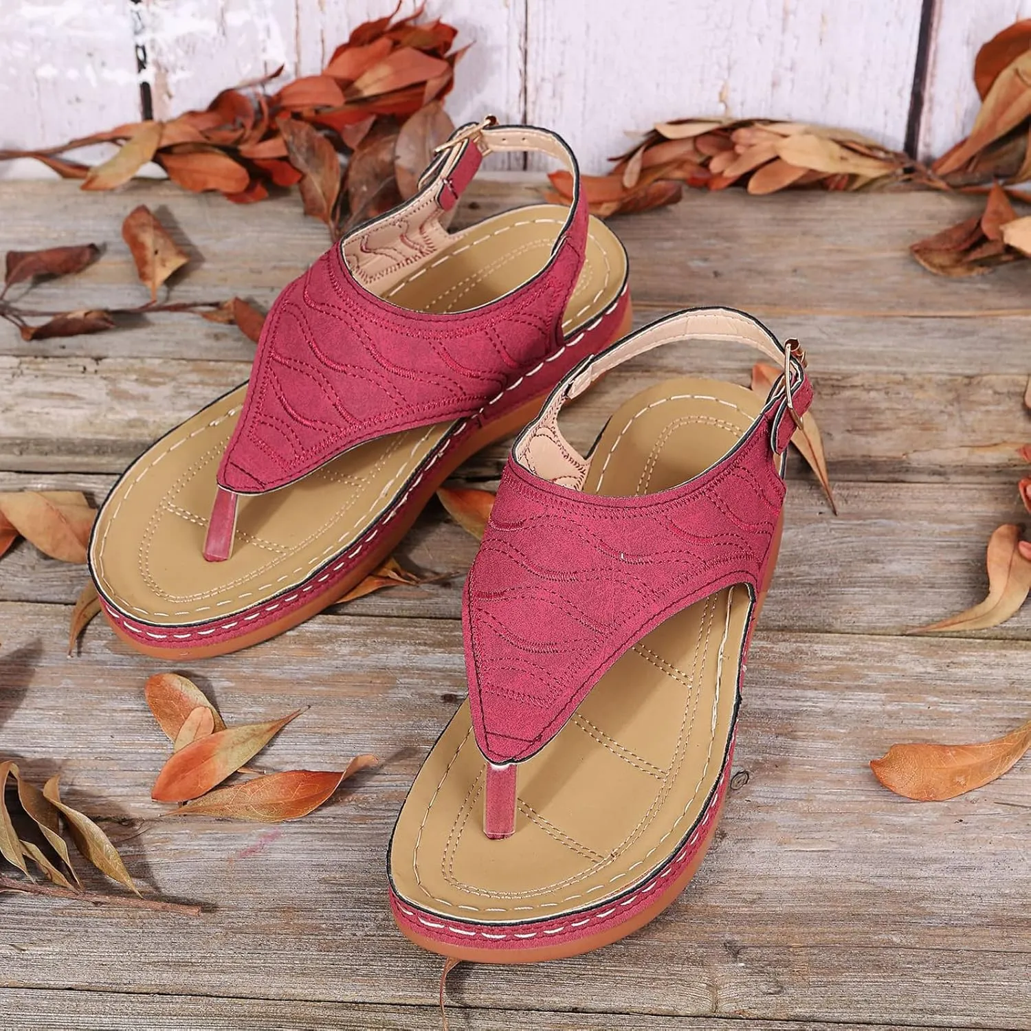 Women's Wellmesi Orthopedic Clip Toe Sandals with Arch Support,Dimleen Diabetic Wedge Buckle Anti-Slip Walking Flipflops