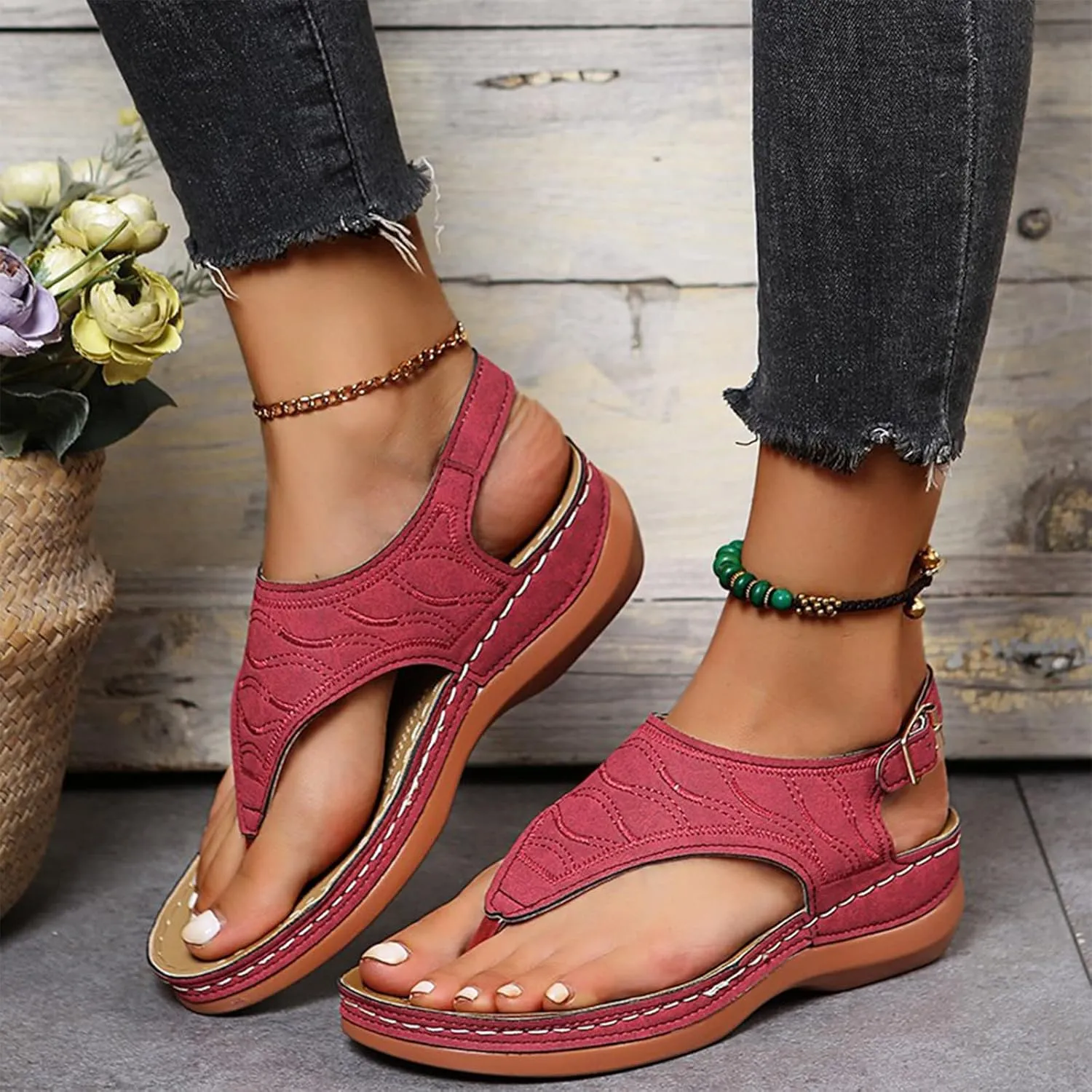 Women's Wellmesi Orthopedic Clip Toe Sandals with Arch Support,Dimleen Diabetic Wedge Buckle Anti-Slip Walking Flipflops