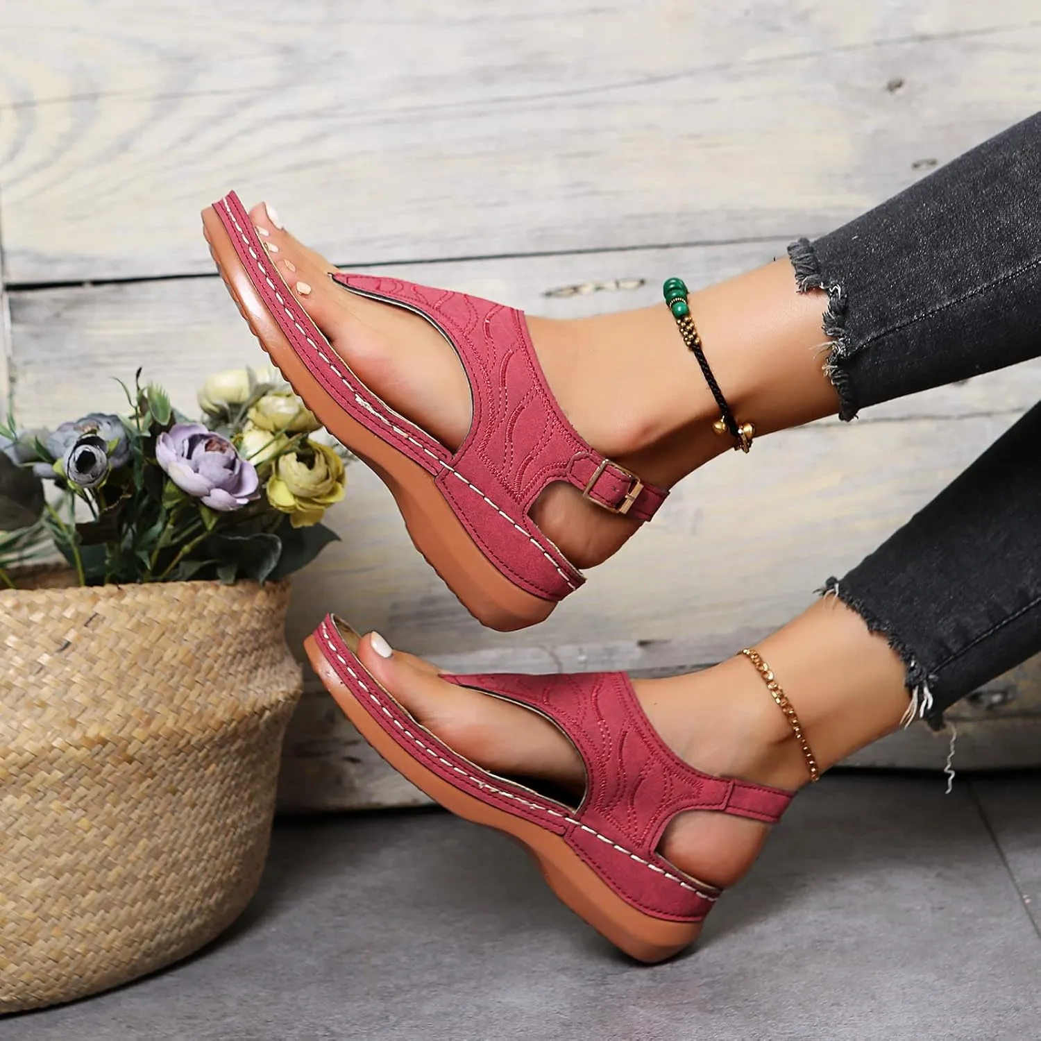 Women's Wellmesi Orthopedic Clip Toe Sandals with Arch Support,Dimleen Diabetic Wedge Buckle Anti-Slip Walking Flipflops