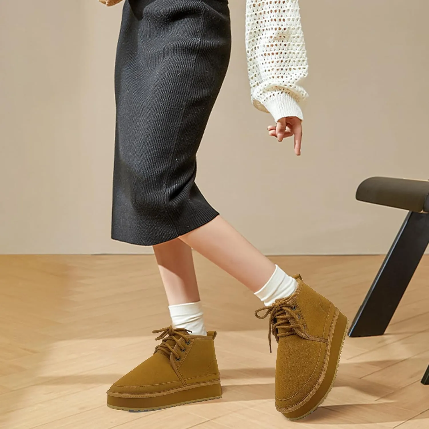 Women's Winter Snow Boots Mini Ankle Boots Suede Lace Up Fur lined Short Boots Cozy Warm Platform Booties for Women