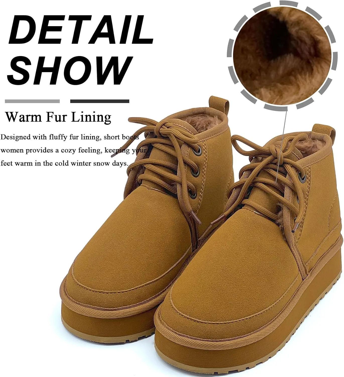 Women's Winter Snow Boots Mini Ankle Boots Suede Lace Up Fur lined Short Boots Cozy Warm Platform Booties for Women