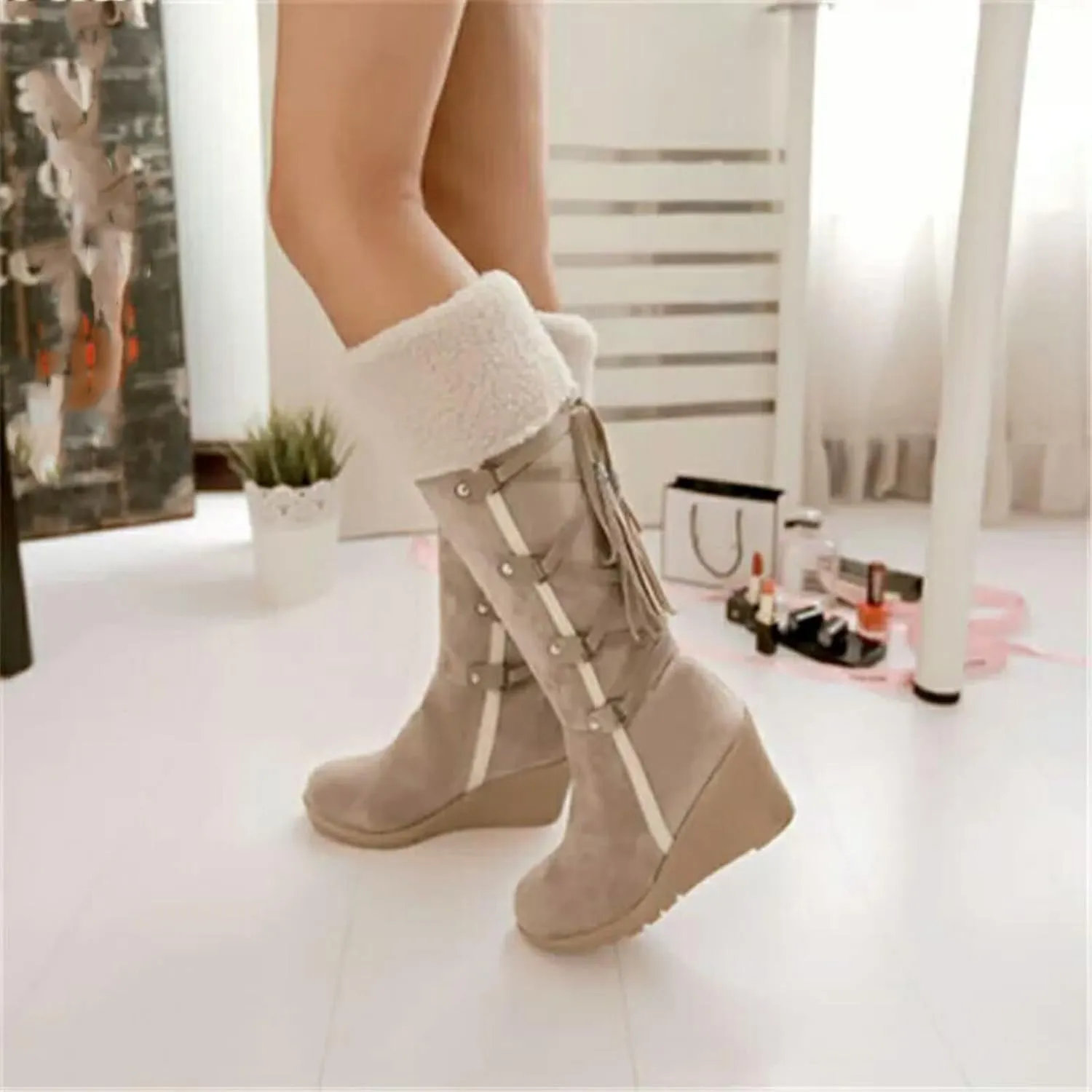 Women's Winter wedge knee-high snow boots Lace-up Tassels Cozy Plush Lined Warm Boots