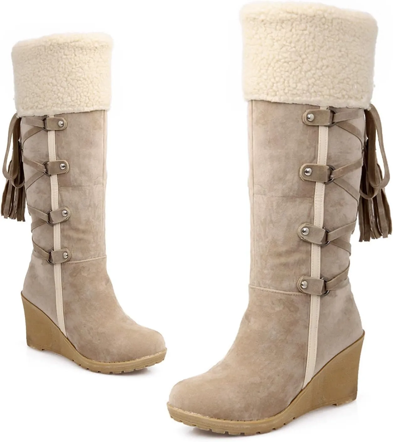 Women's Winter wedge knee-high snow boots Lace-up Tassels Cozy Plush Lined Warm Boots