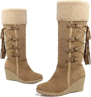 Women's Winter wedge knee-high snow boots Lace-up Tassels Cozy Plush Lined Warm Boots