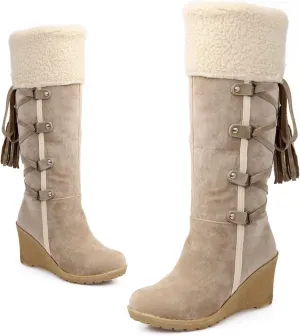 Women's Winter wedge knee-high snow boots Lace-up Tassels Cozy Plush Lined Warm Boots