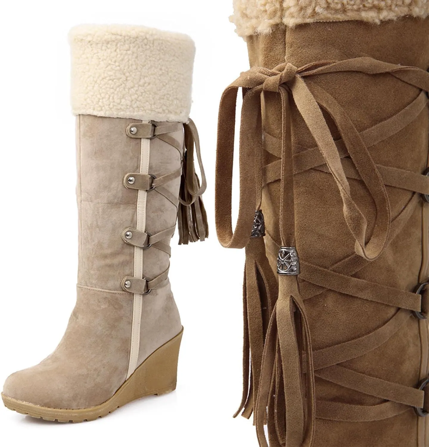 Women's Winter wedge knee-high snow boots Lace-up Tassels Cozy Plush Lined Warm Boots