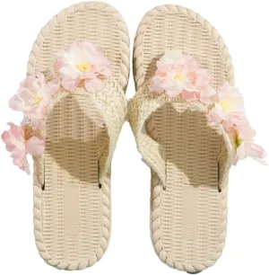 Women's Woven Flat Sandals Embellished with Pretty Flowers - Summer Comfortable Dressy Shoes Perfect for Casual and Daily Wear, Light Pink US Size 6-10