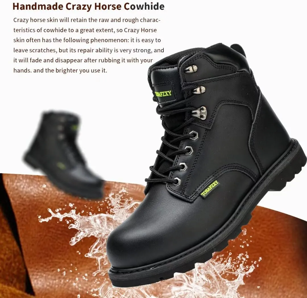 Work Safety Boots for Men Durable Crazy-Horse Leather Indestructible Steel Toe Waterproof and Non-Slip Better Warmth Men Work Shoes