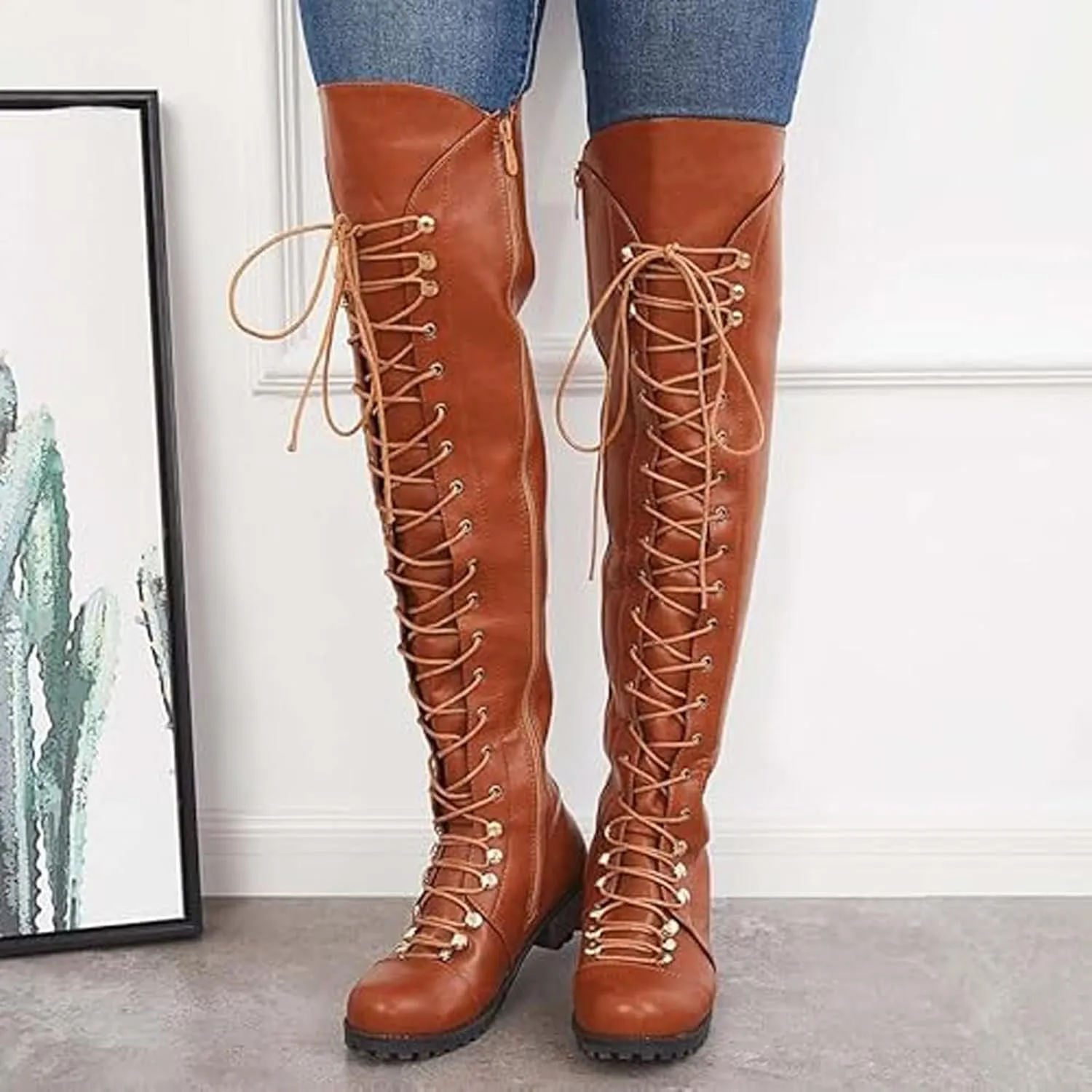 WUIWUIYU Women's Knee-High Boots Combat Riding Over Knee High Boots Lace Up Motorcycle Boots with Inside Zipper
