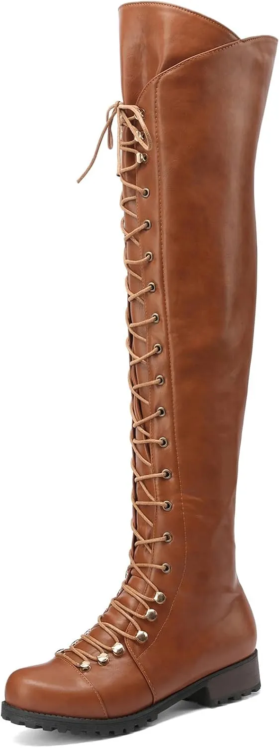 WUIWUIYU Women's Knee-High Boots Combat Riding Over Knee High Boots Lace Up Motorcycle Boots with Inside Zipper