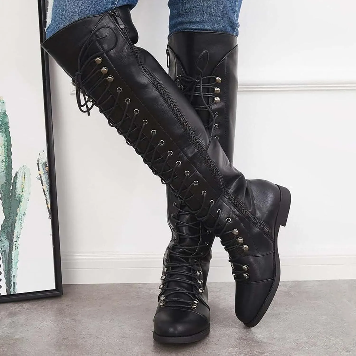WUIWUIYU Women's Knee-High Boots Combat Riding Over Knee High Boots Lace Up Motorcycle Boots with Inside Zipper