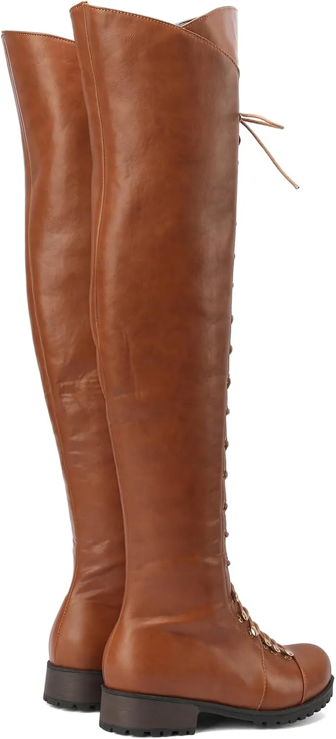 WUIWUIYU Women's Knee-High Boots Combat Riding Over Knee High Boots Lace Up Motorcycle Boots with Inside Zipper