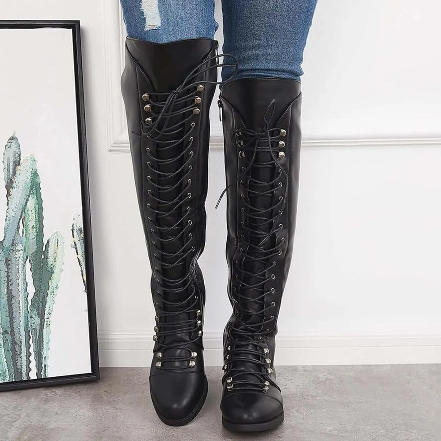 WUIWUIYU Women's Knee-High Boots Combat Riding Over Knee High Boots Lace Up Motorcycle Boots with Inside Zipper