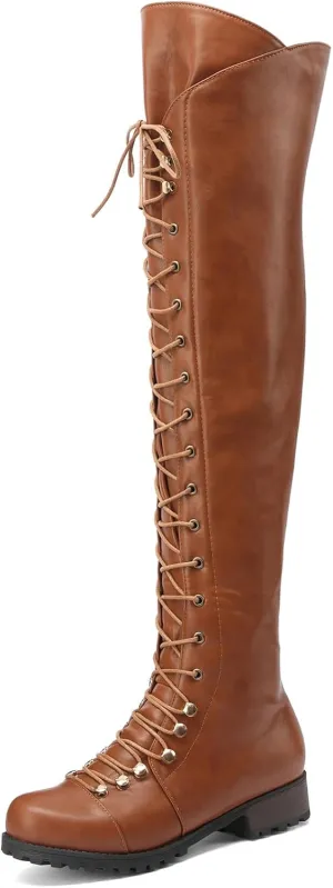 WUIWUIYU Women's Knee-High Boots Combat Riding Over Knee High Boots Lace Up Motorcycle Boots with Inside Zipper