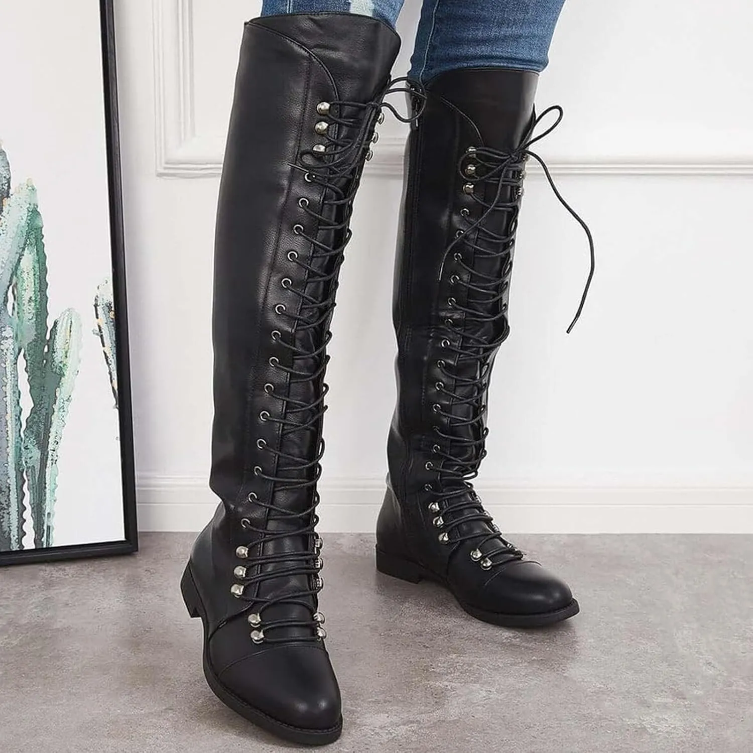 WUIWUIYU Women's Knee-High Boots Combat Riding Over Knee High Boots Lace Up Motorcycle Boots with Inside Zipper