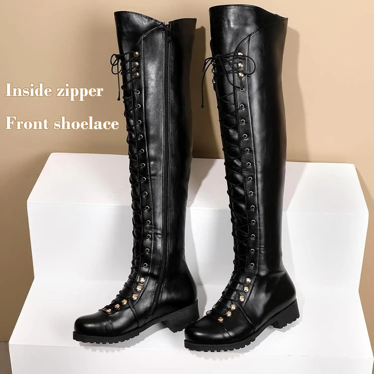 WUIWUIYU Women's Knee-High Boots Combat Riding Over Knee High Boots Lace Up Motorcycle Boots with Inside Zipper