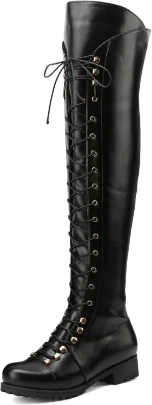 WUIWUIYU Women's Knee-High Boots Combat Riding Over Knee High Boots Lace Up Motorcycle Boots with Inside Zipper