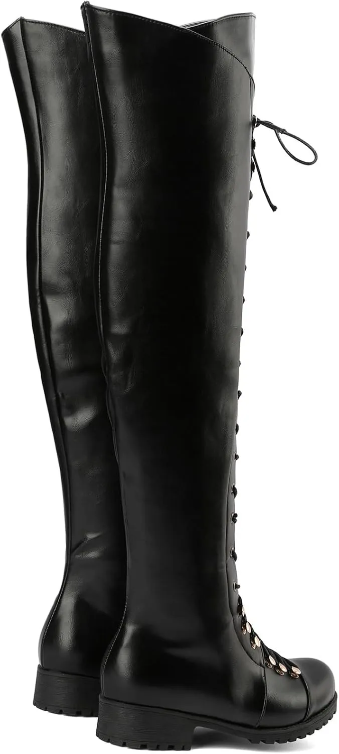 WUIWUIYU Women's Knee-High Boots Combat Riding Over Knee High Boots Lace Up Motorcycle Boots with Inside Zipper