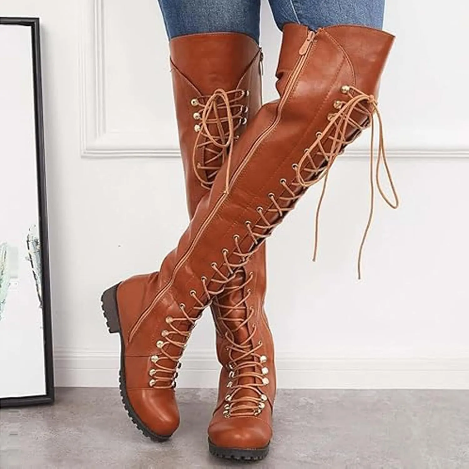 WUIWUIYU Women's Knee-High Boots Combat Riding Over Knee High Boots Lace Up Motorcycle Boots with Inside Zipper