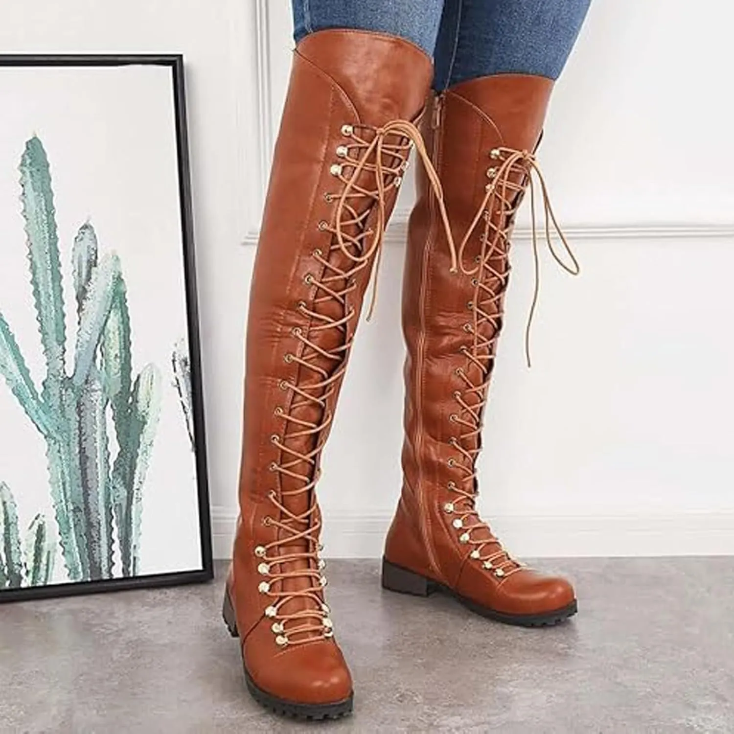 WUIWUIYU Women's Knee-High Boots Combat Riding Over Knee High Boots Lace Up Motorcycle Boots with Inside Zipper