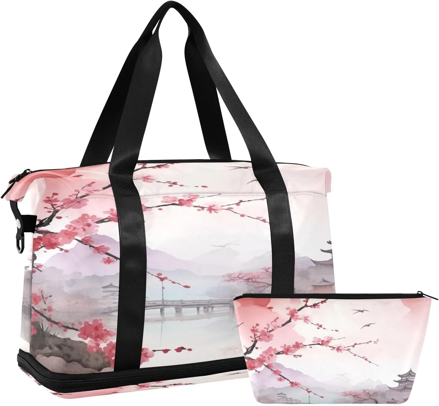 xigua Gym Bag Asian Landscape Pink Travel Duffel Bag - Sports Gym Bag with Dry Wet Pocket Cosmetic bag & Shoes Compartment for Women and Men