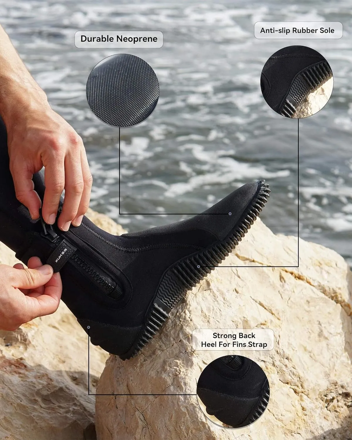 XUKER Neoprene Diving Boots, 3mm 5mm Water Shoes Glued Blind Stitched Wetsuit Booties Adult Men Women with Anti-Slip Rubber Sole Side Zipper