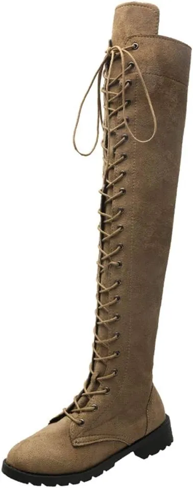 YING LAN Women's Over The Knee Low Heel Lace Up Tall Boots